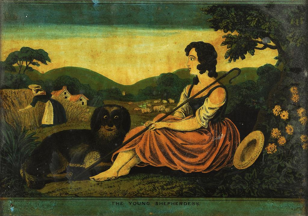 A HAND COLOURED TRANSFER PRINT UNDER GLASS OF THE YOUNG SHEPHERDESS, 19TH C   24 x 34cm, rosewood