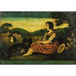 A HAND COLOURED TRANSFER PRINT UNDER GLASS OF THE YOUNG SHEPHERDESS, 19TH C   24 x 34cm, rosewood