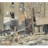 † PAUL BISSON (1938 - ) DERELICT HOUSES DEPTFORD  signed, pen, ink and watercolour, 26.5 x 29.5cm++