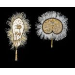 TWO METAL THREAD, SILK AND OSTRICH FEATHER FANS DESIGNED AND MADE BY OLIVER MESSEL IN 1928  with