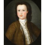 ENGLISH SCHOOL, 18TH CENTURY PORTRAIT OF A BOY  bust length in a brown coat, feigned oval, oil on