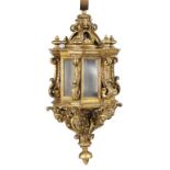 A VENETIAN GILTWOOD GONDOLA LANTERN, L ATE 19TH C  hexagonal, supported on grotesque heads in