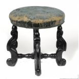 A WILLIAM III EBONISED ROUND STOOL, C1700 covered in close nailed old blue velvet, 42cm h, 40cm