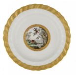 A DERBY PLATE, C1790  painted by George Complin, with two birds and a landscape, 22cm diam, puce