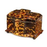 A VICTORIAN TORTOISESHELL TEA CADDY,  C1840 with cavetto front and pagoda lid in well mottled shell,