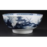 A WORCESTER BLUE AND WHITE BOWL, C1770  painted with the Precipice pattern, 18cm diam, hatched