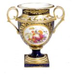 A DERBY COBALT GROUND VASE, C1820  painted by Thomas Steele with a panel of fruit, 23cm h, red