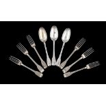 A SET OF SIX BRITISH COLONIAL SILVER DESSERT FORKS AND THREE SPOONS EN SUITE  the backs engraved