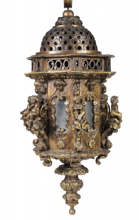 A VENETIAN GILTWOOD GONDOLA LANTERN, LATE 19TH C  hexagonal and applied with putti seated on