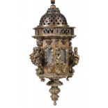 A VENETIAN GILTWOOD GONDOLA LANTERN, LATE 19TH C  hexagonal and applied with putti seated on