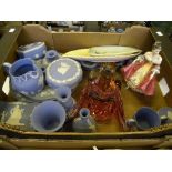 A QUANTITY OF WEDGWOOD SOLID BLUE JASPER TRINKET WARE, A ROYAL DOULTON FIGURE OF SOUTHERN BELL, ETC