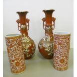 A PAIR OF CHINESE PORCELAIN CYLINDRICAL VASES, PAINTED IN RED WITH LOTUS MEANDER, EARLY 20TH C AND A