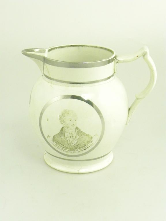 A COMMEMORATIVE PEARLWARE JUG, PRINTED WITH PORTRAIT OF SIR FRANCIS BURDETT AND INSCRIPTION IN