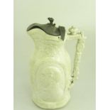 A VICTORIAN PRESS MOULDED WHITE STONEWARE ROYAL COMMEMORATIVE JUG WITH PORTRAIT OF THE PRINCE