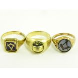 THREE GOLD MASONIC SIGNET RINGS ONE WITH HARDSTONE INTAGLIO, THE OTHER WITH SWIVEL ENAMEL DEVICE,
