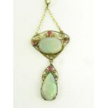 AN OPAL, SYNTHETIC RUBY AND GOLD PENDANT, EARLY 20TH CENTURY AND A GOLD FINE NECKLET, 6.9G