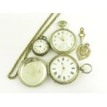 A SILVER LEVER HUNTING CASED WATCH, LONDON 1864, TWO OTHER WATCHES, A WATCH CHAIN AND A SILVER FOB