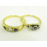 TWO SAPPHIRE AND DIAMOND THREE STONE RINGS IN GOLD, MARKED 18CT, 5.5G