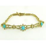 A TURQUOISE, SPLIT PEARL AND GOLD BRACELET MARKED 15CT, CIRCA 1910, 10.3G