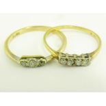 A DIAMOND THREE STONE RING AND A DIAMOND FOUR STONE RING IN 18CT GOLD OR GOLD, MARKED 18CT, 3.7G