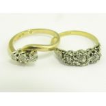 TWO DIAMOND THREE STONE RINGS IN GOLD, ONE MARKED 18CT, 6.4G