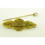 A GEM SET 9CT GOLD BAR BROOCH, CIRCA 1900 AND A GOLD STICK PIN WITH OPAL TERMINAL, 3.7G