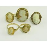 FIVE CAMEO RINGS IN GOLD, 20.5G