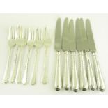 A SET OF SIX ELIZABETH II SILVER CAKE FORKS AND A MATCHING SET OF SIX SILVER HAFTED TEA KNIVES,