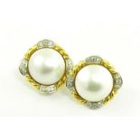 A PAIR OF MABE PEARL AND DIAMOND EARRINGS IN TWO COLOUR GOLD