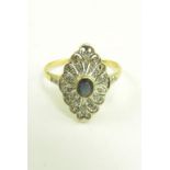 A SAPPHIRE AND DIAMOND NAVETTE CLUSTER RING IN GOLD, MARKED 18K, 3.6G
