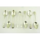 A SET OF SIX GEORGE III SILVER TEASPOONS, FIDDLE PATTERN, LONDON 1798 AND A PAIR OF SILVER SUGAR