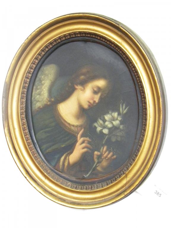 AFTER CARLO DOLCI, 19TH CENTURY - THE ANGEL GABRIEL, OIL ON BOARD, OVAL