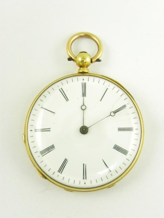 A CONTINENTAL GOLD CYLINDER FOB WATCH WITH ENAMEL DIAL, 19TH CENTURY