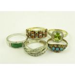 FIVE GEM SET GOLD RINGS, 14.5G