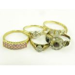 FIVE GEM SET GOLD RINGS, ONE MARKED 14K, 10.5G