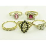 FIVE GEM SET GOLD RINGS, 11.7G