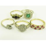 FIVE GEM SET GOLD RINGS, 13.5G