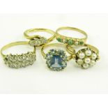 FIVE GEM SET GOLD RINGS, 13.5G