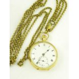 A SWISS GOLD KEYLESS CYLINDER FOB WATCH, MARKED 18K AND A GOLD PLATED MUFF CHAIN