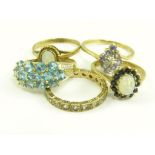 FIVE GEM SET GOLD RINGS, 11.6G