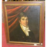 ENGLISH SCHOOL 19TH CENTURY, PORTRAIT OF A YOUNG MAN BEFORE A RED DRAPERY, BUST LENGTH, OIL ON