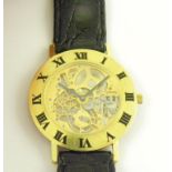 A GOLD GENTLEMAN'S WRISTWATCH WITH VISIBLE MOVEMENT, MARKED M AND W ULLMANN, BLACK ALLIGATOR HIDE