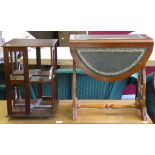 A VICTORIAN STYLE MAHOGANY MINIATURE ROTATING BOOKCASE AND A REPRODUCTION YEW WOOD SUTHERLAND TABLE