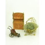 A 19TH CENTURY DOLL'S GILTMETAL AND CARD WOOD-GRAINED CHIFFONIER, A DOLL'S GILT WIREWORK BASKET,