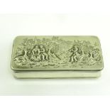 A DUTCH SILVER TOBACCO BOX, THE LID EMBOSSED WITH LOVERS AND A PIPER, AMSTERDAM, LATE 19TH