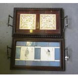 TWO SIMILAR VICTORIAN TILED MAHOGANY TEA TRAYS WITH BRASS HANDLES, STAMPED REGISTRATION NUMBER