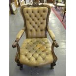 A VICTORIAN CARVED ROSEWOOD OPEN ARMCHAIR