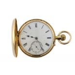 AN 18CT GOLD HALF HUNTING CASED KEYLESS LEVER WATCH  Exd by Jump London, No 73650,  with three