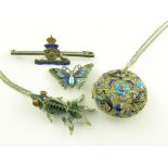 A CHINESE SILVER FILIGREE AND CLOISONNÉ ENAMEL LOCKET ON SILVER NECKLET, A CHINESE SILVER AND