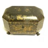 A CHINESE EXPORT BLACK AND GOLD LACQUER TEA CADDY WITH PEWTER CANISTERS, MID 19TH CENTURY